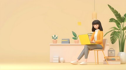 3D woman character engaged with her laptop, with an office background showing a marketing agency, plain pale yellow setting