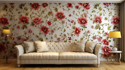 bedroom with a large floral wallpapered wall with matching