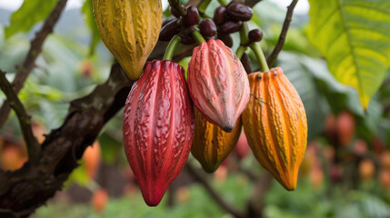 Ripe cocoa pods growing on tree. Several cocoa pods at different stages of ripeness against backdrop of lush green foliage, tropical cocoa plantation environment