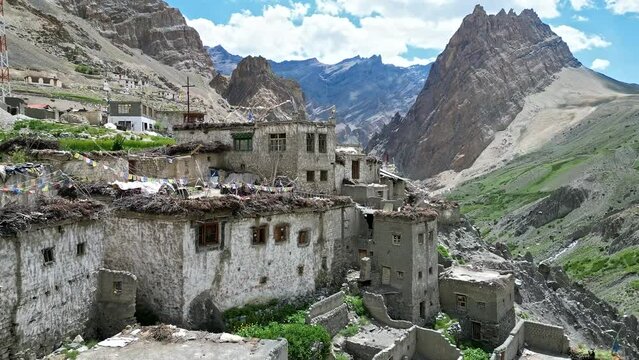 Aerial view of a Zanskar mountain village surrounded by Himalayas