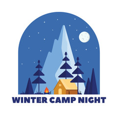 winter landscape illustration.night in the mountains. enjoy the weekend. hiking and camping. flat vector illustration