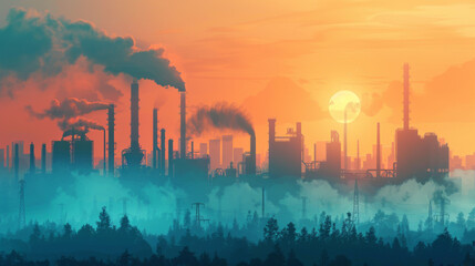 A factory emitting pollution with smokestacks during sunset, creating an atmospheric and environmental scene.