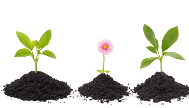 Plant with a single flower in soil isolate on transparent background, cutout, png