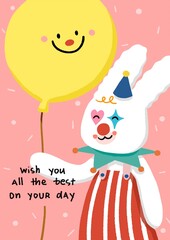 bunny clown cartoon with smiley balloon on Happy birthday card frame/ greeting card