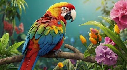 s image shows a parrot with bright red, yellow, blue, and green feathers sitting on a branch in front of a green