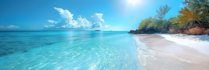 Tropical beach with clear turquoise water and white sand under a bright blue sky featuring lush green trees and gentle waves creating a paradise getaway
