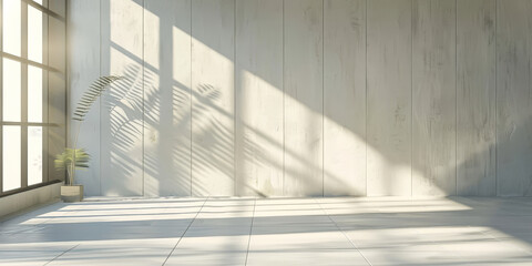 Obraz premium Minimalist interior with sunlight streaming through windows creating long shadows on a wooden floor and white paneled walls emphasizing simplicity and elegance 