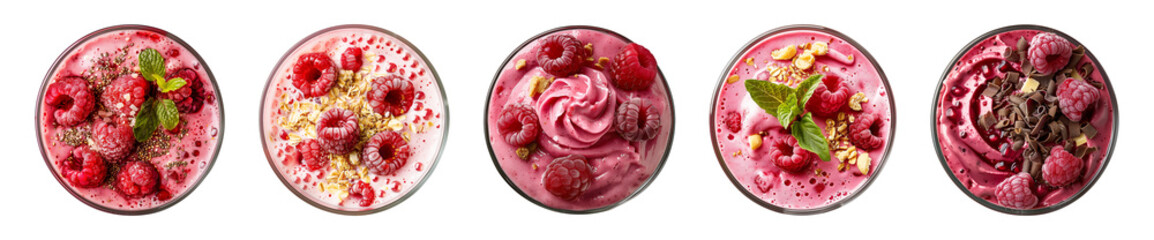 Fototapeta premium Collection glass of tasty raspberry smoothie or milkshake with topping isolated on a transparent background, top view, PNG
