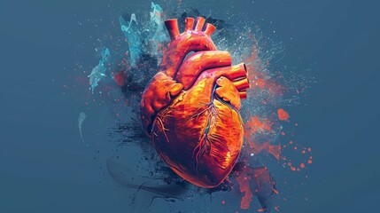 A realistic human heart depicted in a vibrant, colorful style.  The image features splashes of color and abstract shapes surrounding the heart.