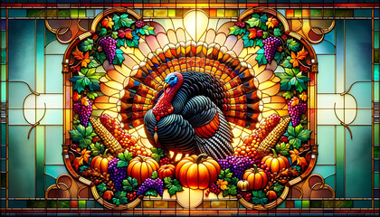 Stained glass picture of Thanksgiving celebration