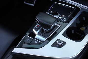 Selector automatic transmission with leather in the interior of a modern premium car. Gear shift...