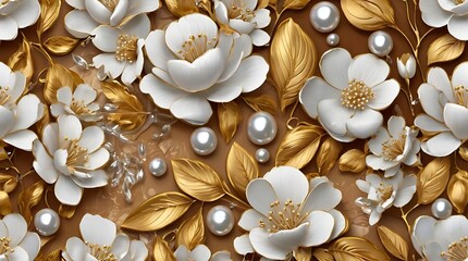  close-up of a white and gold floral pattern. 