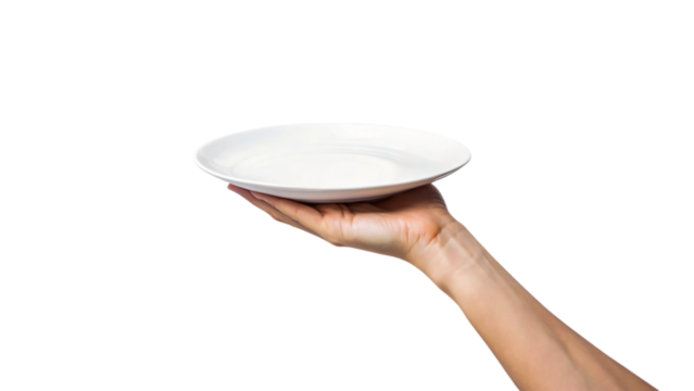 A hand carefully holds a clean white plate while another hand supports a matching empty bowl below