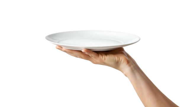 A hand carefully holds a clean white plate while another hand supports a matching empty bowl below