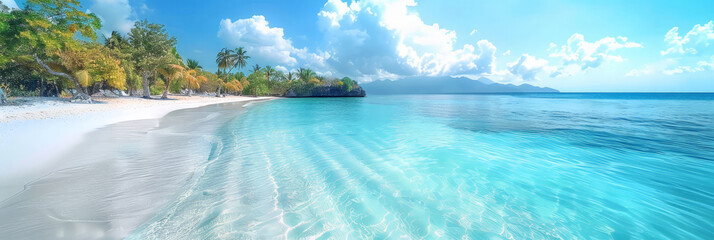 Tropical beach with clear turquoise water and white sand under a bright blue sky featuring lush green trees and gentle waves creating a paradise getaway
 - Powered by Adobe