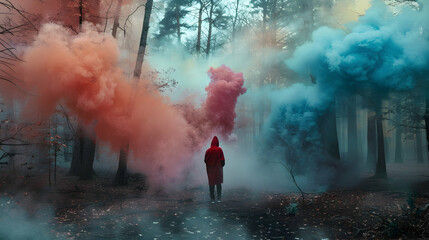 Person in red costume standing in the forest in the middle of colored smoke