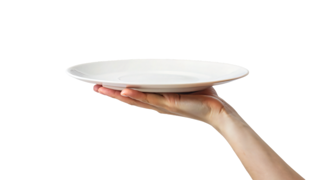 A hand carefully holds a clean white plate while another hand supports a matching empty bowl below