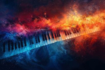 A surreal, fiery piano keyboard floating in a cosmic, colorful nebula