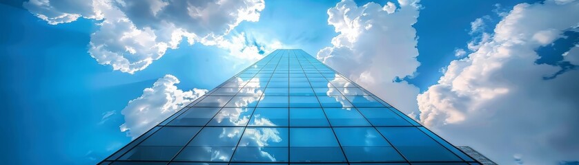 A sleek glass skyscraper mirrors the vivid blue sky and fluffy clouds, epitomizing modern architectural elegance and urban design