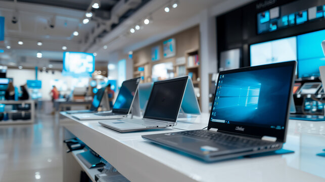 Modern laptop computers displayed in a tech store showroom