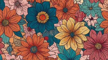  repeating pattern of hand-drawn flowers. 