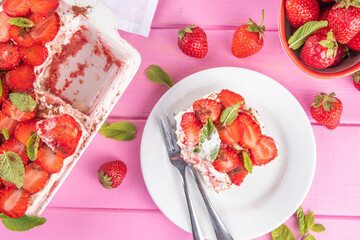 Summer strawberry tiramisu dessert, Berry fruit version of summer tiramisu cake with fresh strawberry, mascarpone and savoyardi