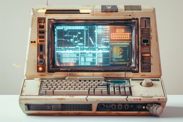 Vintagestyle computer with advanced holographic interface, isolated white background, high detail, retrofuturistic tech