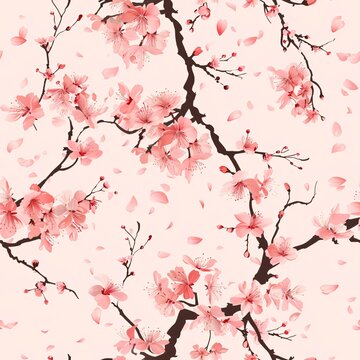 Seamless sakura pattern with branches and falling petals in soft pink hues