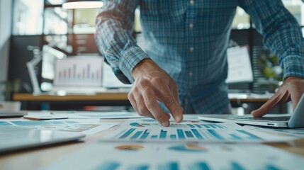 Fototapeta premium Development agency office worker analyzing project sales and fintech startup. Businessperson sitting at desk in marketing company office developing financial strategy and accounting management.