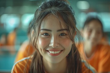 a group of female table tennis players, dressed in crisp sportswear, joyfully attempt to hit the ping pong ball during their game.