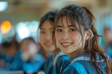 a group of female table tennis players, dressed in crisp sportswear, joyfully attempt to hit the ping pong ball during their game.