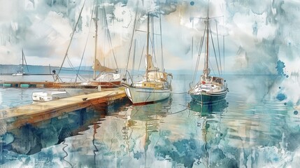 Obraz premium Serene view of boats docked at a quiet harbor, light watercolor artwork.