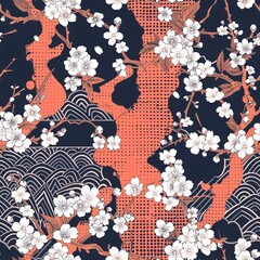Intricate Japanese floral pattern with cherry blossoms and geometric shapes