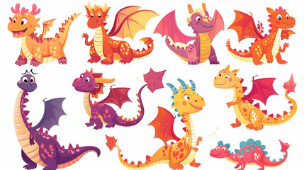 Cartoon dragon set. Fairy cute dragonfly icons collection. characters isolated vector. Fairytale monsters.