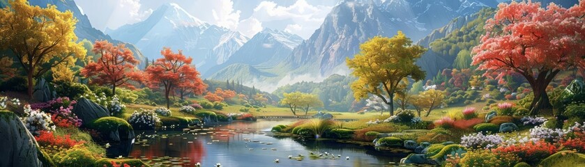 Naklejka premium A picturesque valley garden scene with a tranquil pond, surrounded by flowering trees and a backdrop of majestic mountains, evoking a perfect peaceful retreat
