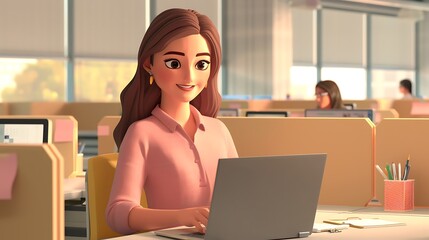 Obraz premium 3D woman character engaged with her laptop, with an office background showing cubicles and workstations, plain beige setting