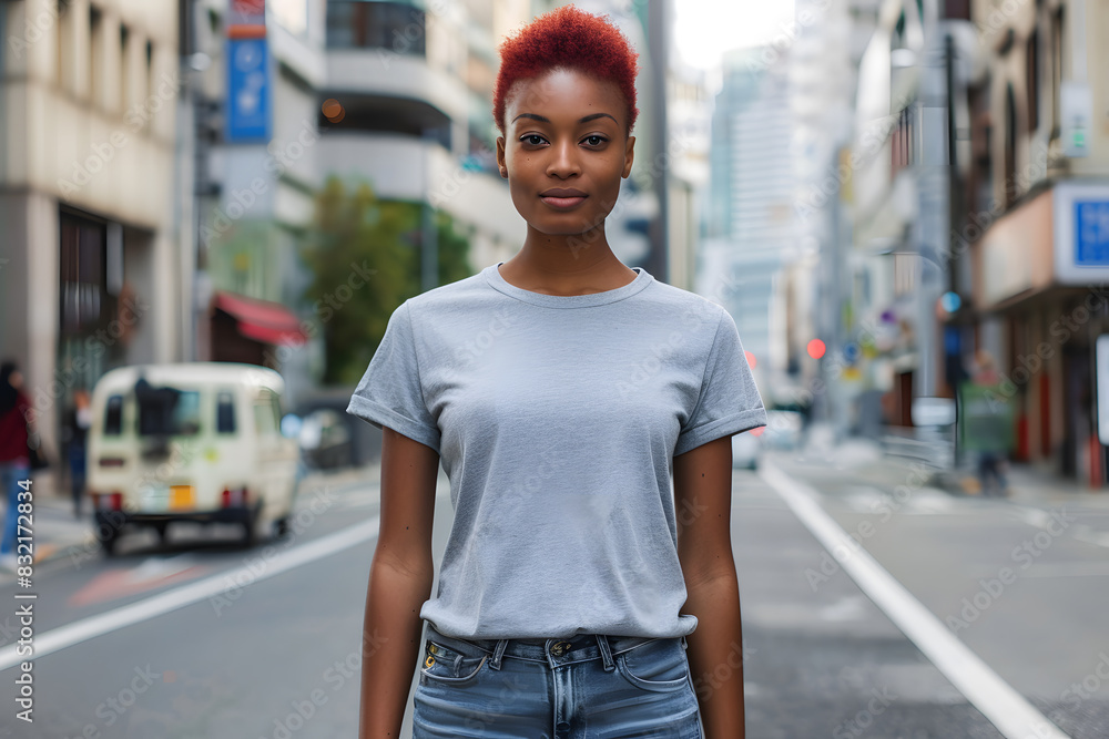 Wall mural T-Shirt Mockup for Young Women, Female Model T-Shirt Mockup, Casual T-Shirt Mockup, Editable T-Shirt Mockups: Easily Customize Your Designs on a Young Woman, Eye-Catching T-Shirt Mockups