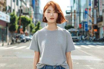 Fototapeta premium T-Shirt Mockup for Young Women, Female Model T-Shirt Mockup, Casual T-Shirt Mockup, Editable T-Shirt Mockups: Easily Customize Your Designs on a Young Woman, Eye-Catching T-Shirt Mockups