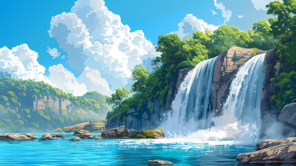 Beautiful waterfall cascading into a blue lake, surrounded by lush tropical vegetation and clear skies.