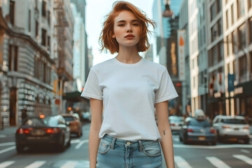 T-Shirt Mockup for Young Women, Female Model T-Shirt Mockup, Casual T-Shirt Mockup, Editable T-Shirt Mockups: Easily Customize Your Designs on a Young Woman, Eye-Catching T-Shirt Mockups