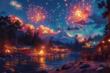 Fototapeta premium Vibrant 4th of July celebration at a picturesque camping site