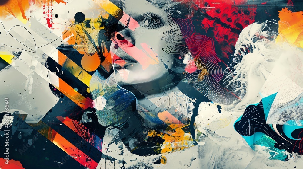 Poster vibrant abstract art with a face emerging from colorful brush strokes, blending various artistic sty