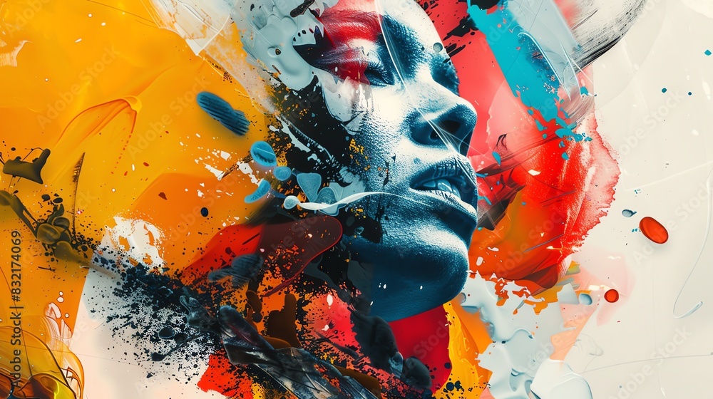 Aufkleber abstract art representation of a woman's face with a mix of vivid colors and dynamic brushstrokes, c