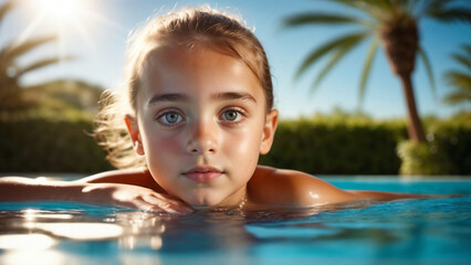 Little girl in the pool close-up