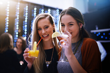 Woman, happy and portrait in club for party, event or nightlife, bonding and friendship with fun or laughter. Friends, cocktails and nightclub for excitement or celebration, birthday and social drink