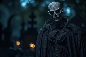 Obraz premium Grim Reaper Stands in Mysterious Cemetery at Night.Generative ai