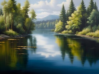 Lake River Landscape Nature Oil Painting Art