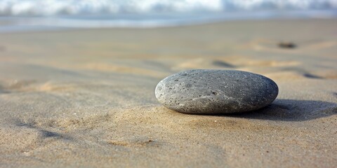 Smooth pebble on a sandy beach, isolated white background, high detail, natural minimalism