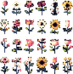 Delightful 8-bit pixel art flowers, blooming in a retro game style, crafted as vector icons without background, perfect for diverse digital and print designs.