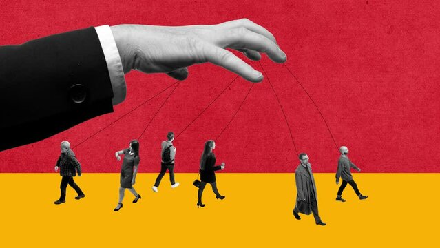 Gina hands in business suit holding string connecting to people, showcasing manipulation, pressure and control of society. Stop motion, animation. Propaganda, information. Creative design